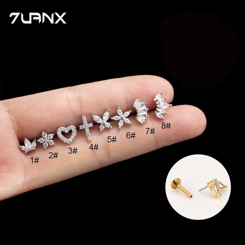 7uanX 1 Khuyên Xỏ Tai Bằng Titan G23 Hình Bướm / Bông Hoa / Vương Miện / Trái Tim Đính Đá Zircon
