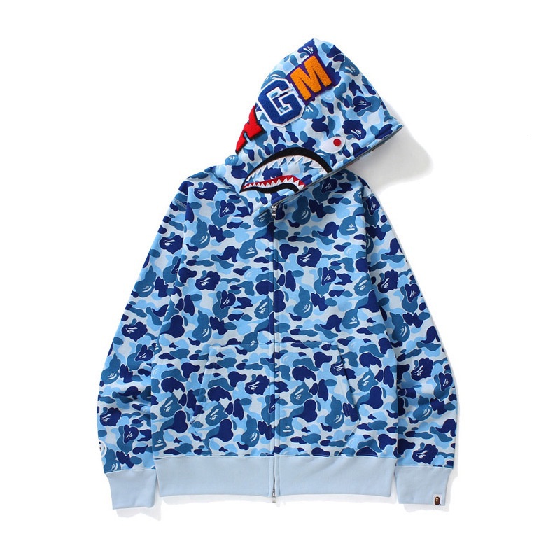 Áo Khoác Hoodie Dáng Rộng In Họa Tiết Đầu Cá Mập bape Rằn Ri Hai Đường Kẻ Thiết Yếu Cho Nam