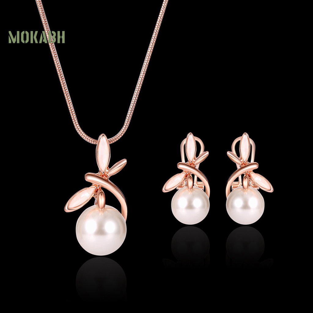 1 Bộ Vòng cổ + Bông Tai Hình Nơ Đính Ngọc Trai Giả Cho Nữ