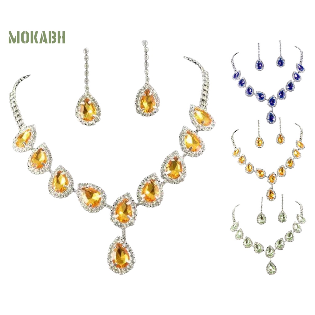 1 Bộ Vòng cổ + Bông Tai Hình Giọt Nước Có Đính Đá Lấp Lánh