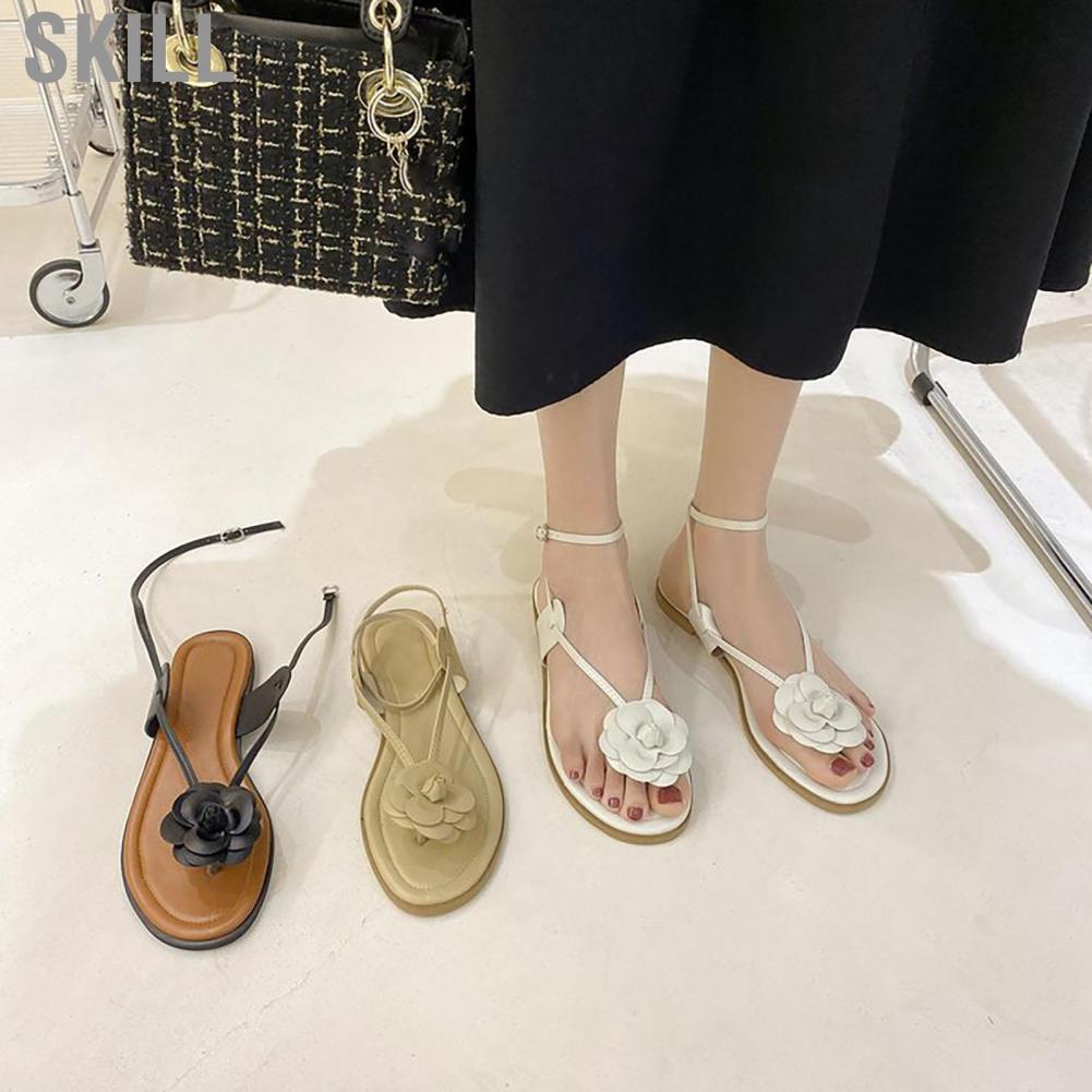 Skill Soft Sandal  PU Leather Fake Flower Flat Plain Color for Beach Women