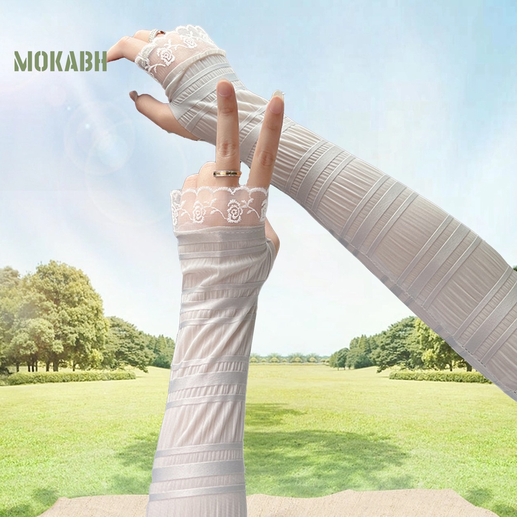 1 Cặp Găng Tay Vải Lụa Lạnh Phối Ren Lỗ Xếp Ly Thời Trang Mùa Hè