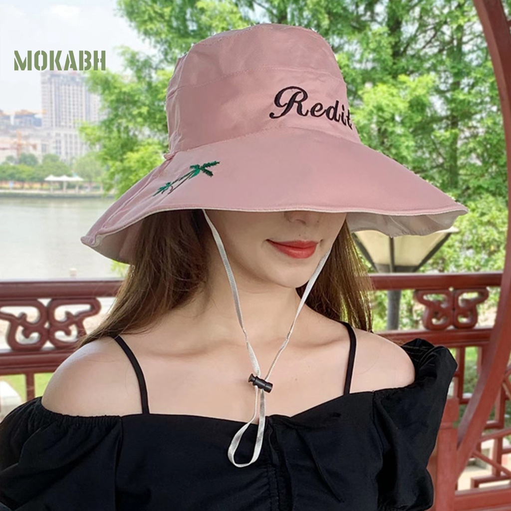 [Mok Abh] Nón Vành Tròn Dây Rút In Họa Tiết Cây Cối Và Chữ Cái Cho Nữ