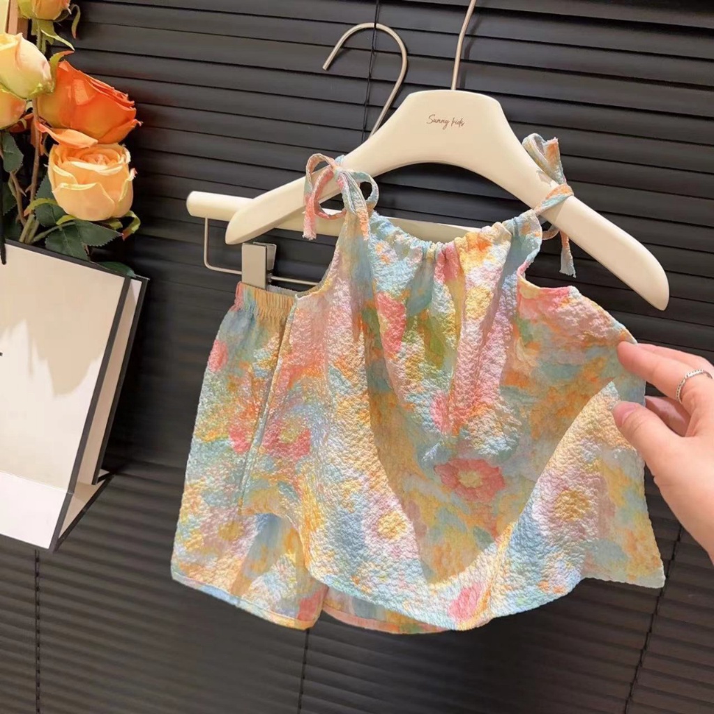 BABEPROUD Set Áo Sát Nách Nhuộm Màu + Quần Short In Họa Tiết Hoa Nhí Xinh Xắn Thời Trang Hè Phong Cách Hàn Quốc Cho Bé Gái 1-9 Tuổi