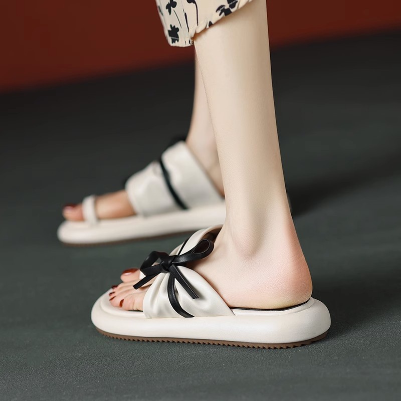 Duoya Tóc Thẳng ~ [Hàng Có Sẵn] Dép Xỏ Ngón Đế Phẳng Dày Đính Nơ Thời Trang Đi Biển Mùa Hè Cho Nữ Miễn Phí Vận Chuyển