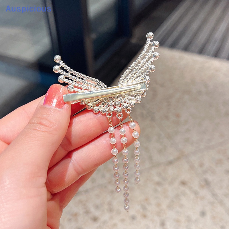 Kẹp Tóc Hình Cánh Bướm Đính Ngọc Trai / Kim Cương Giả Phối Tua Rua Lưng Cổ Tích Cho Nữ