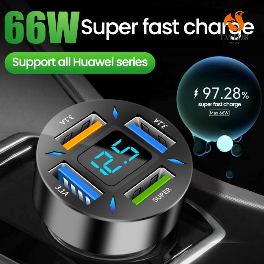Cốc Sạc Nhanh 4 Cổng USB QC3.0 4USB 66W Có Màn Hình Kỹ Thuật Số Cho Xe Hơi TAYLOR1