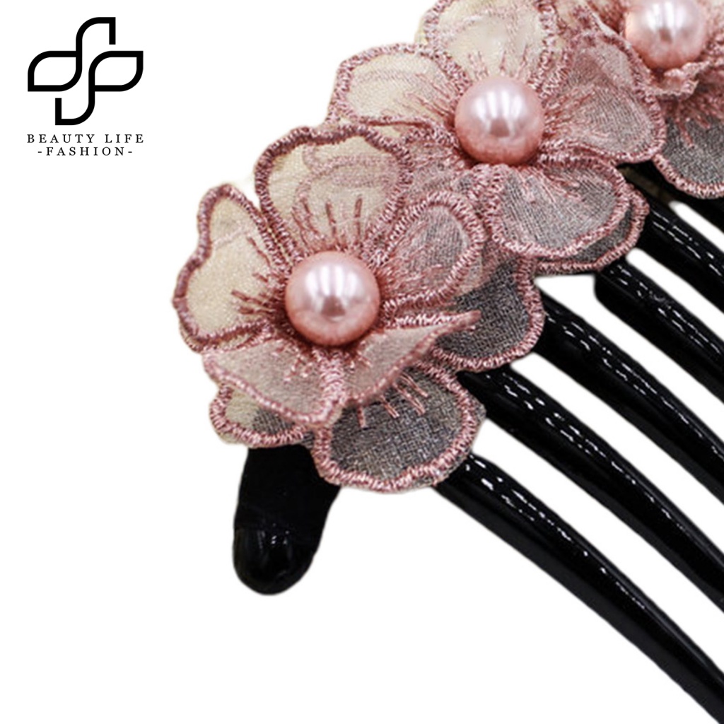 Lược Cài Tóc Mật Độ Chống Trượt Thêu Hoa Đính Ngọc Trai Giả Dễ Thương