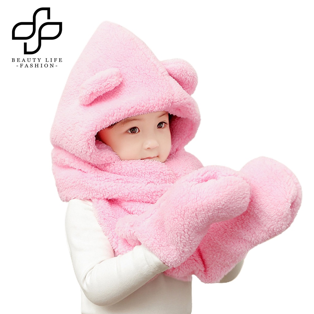 Khăn Choàng Cổ / Mũ / Găng Tay Giữ Ấm Mùa Đông 3 Trong 1 Kiểu Dáng Hoạt Hình Dễ Thương Dành Cho Bé Gái
