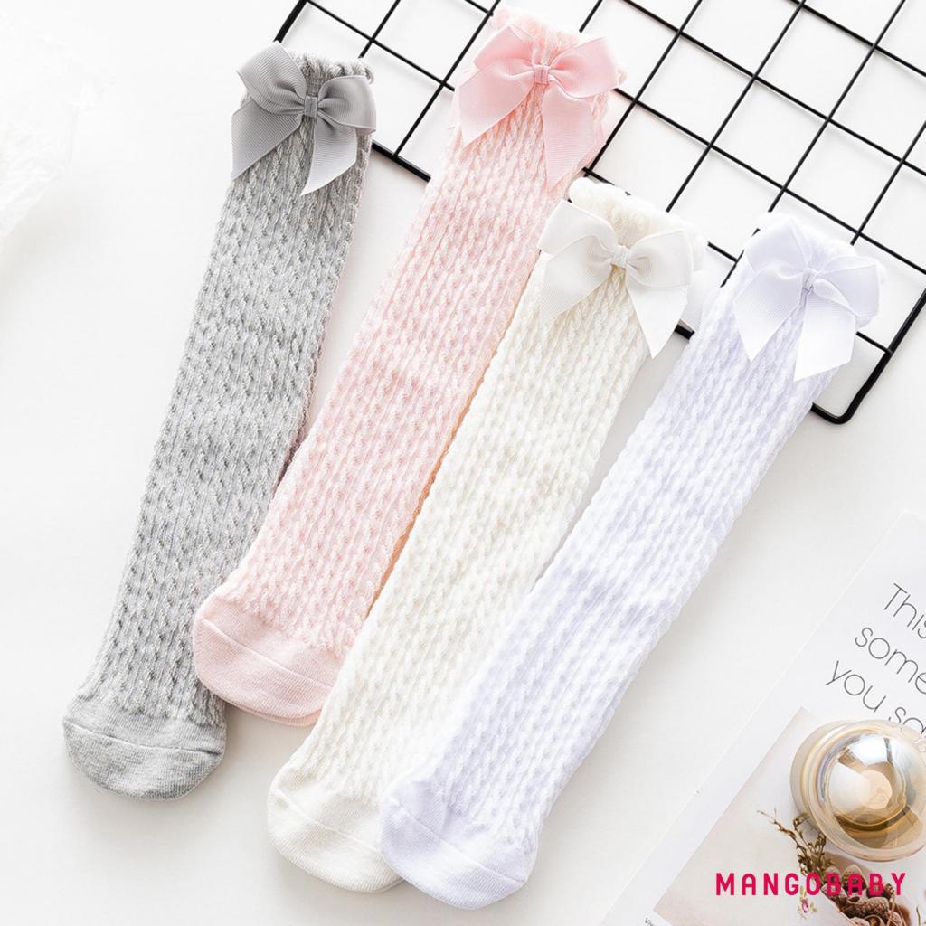 Vớ Cotton Dài Màu Trơn Đính Nơ Thời Trang Xuân Hè Cho Bé