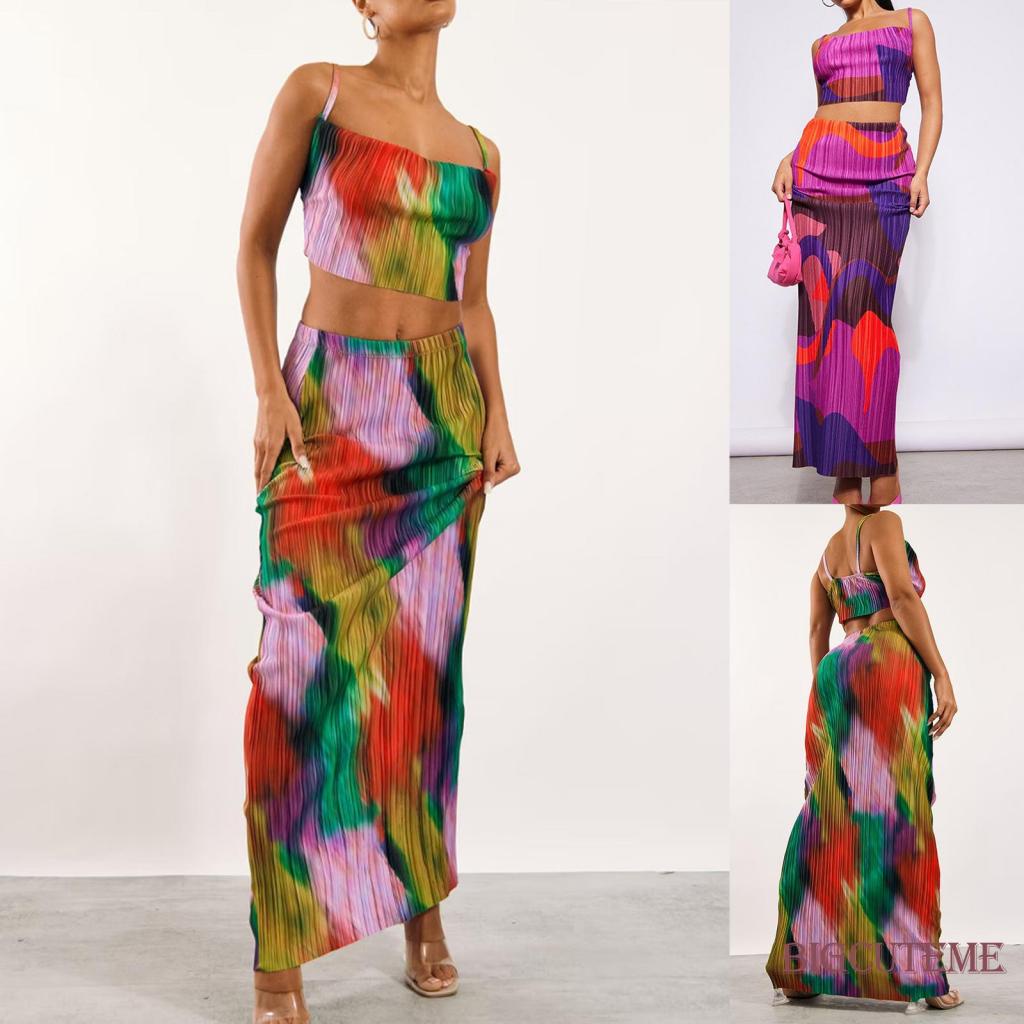 Bộ Trang Phục 2 Mảnh Gồm Áo Hai Dây Nhuộm Màu Và Chân Váy Dài Lưng Cao Thời Trang Mùa Hè Cho Nữ