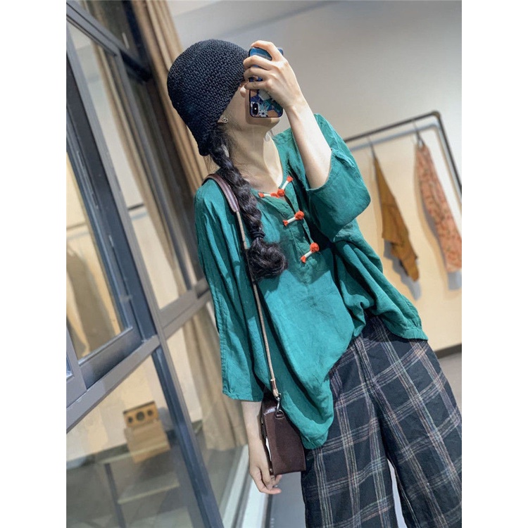 Áo Sơ Mi Vải Lanh cotton Dáng Rộng Màu Sắc Tương Phản Phong Cách Trung Hoa