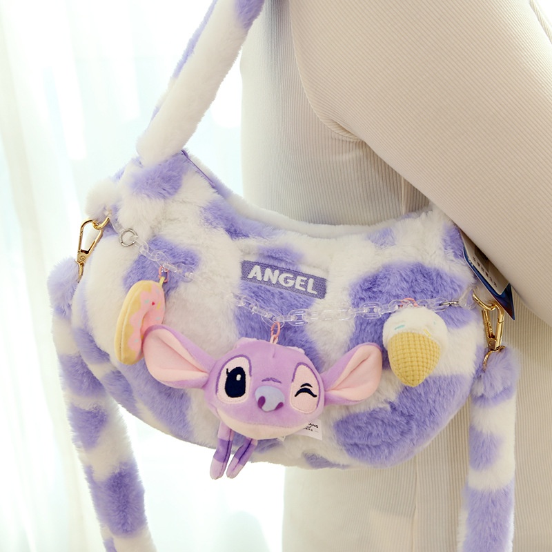 Túi Xách Đeo Vai Phối Lông Hình Trái Tim Ba Mắt Hoạt Hình Disney Dâu Tây Đáng Yêu Dành Cho Nữ