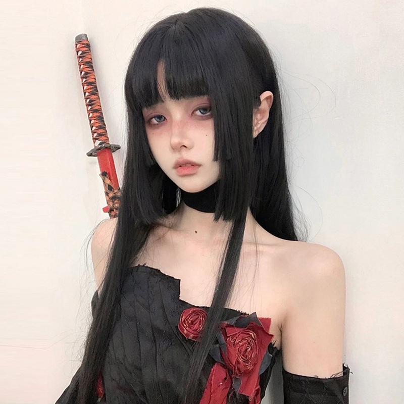 Bộ Tóc Giả Dài Màu Đen Phong Cách lolita Nhật Bản Cho Nữ