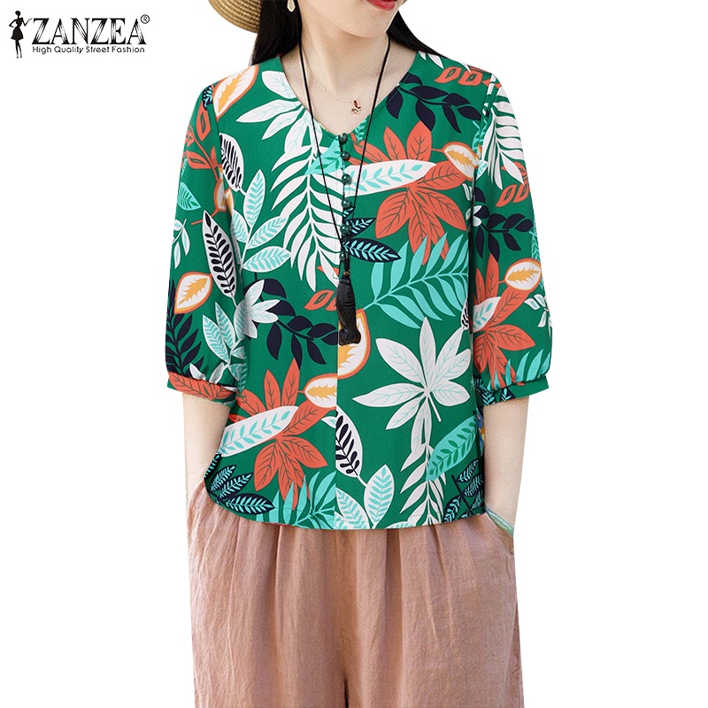 ZANZEA Áo Nữ Tay Lửng Cổ Chữ V In Hoa Thời Trang Hàn Quốc