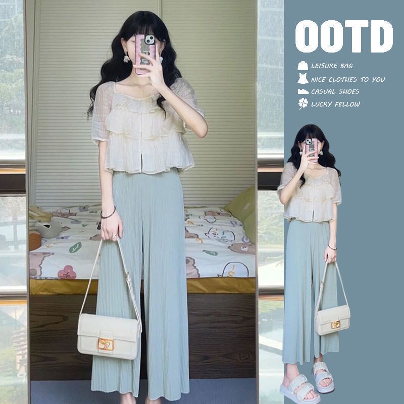 Áo Ngắn Tay Cổ Vuông Phong Cách Mới Mùa Hè 2023 + Quần Dài Nhẹ Nhàng Cho Nữ