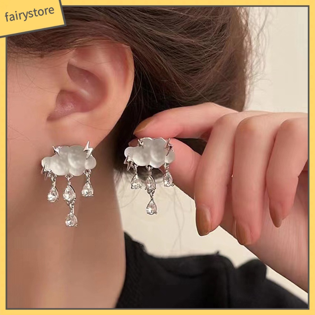 1 Đôi Bông Tai Hình Đám Mây Mưa Đính Pha Lê Giả Thời Trang