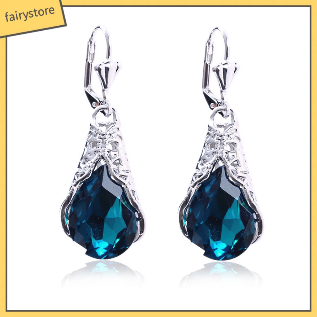 1 Cặp Bông Tai Đính Đá Hình Giọt Nước Màu Xanh Lá Phong Cách Retro