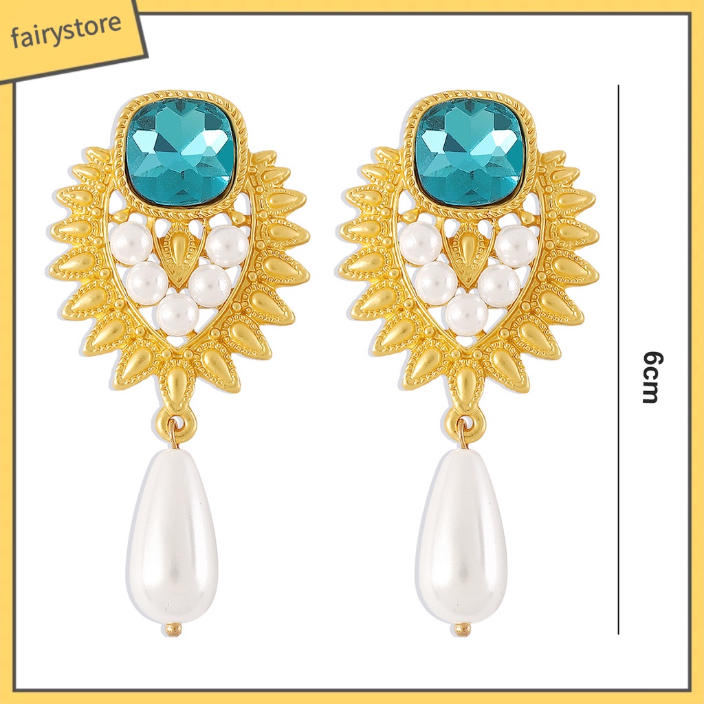 1 Đôi Bông Tai Đính Đá Ngọc Trai Nhân Tạo Màu Xanh Dương Phong Cách Thời Trung Cổ Thời Trang