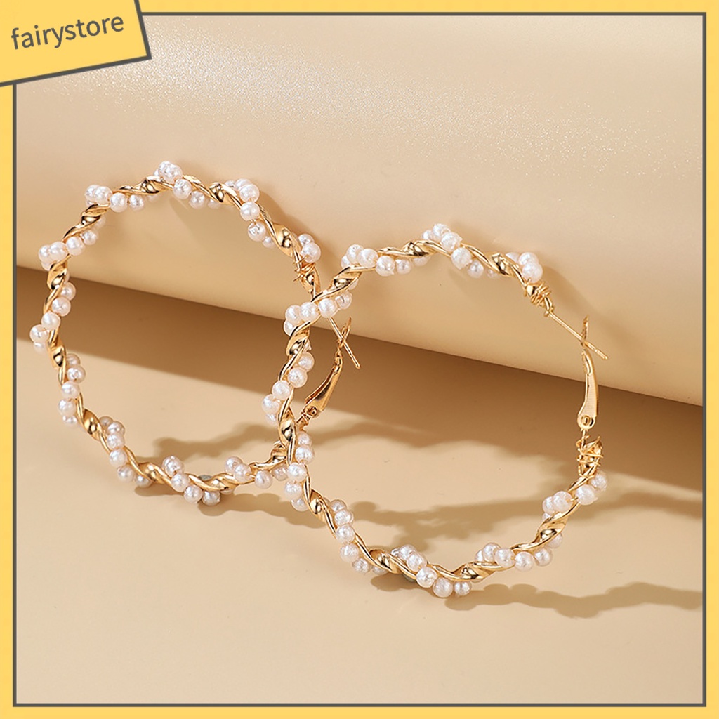 Khuyên Tai Dạng Vòng Tròn Lớn Đính Ngọc Trai Nhân Tạo Thời Trang