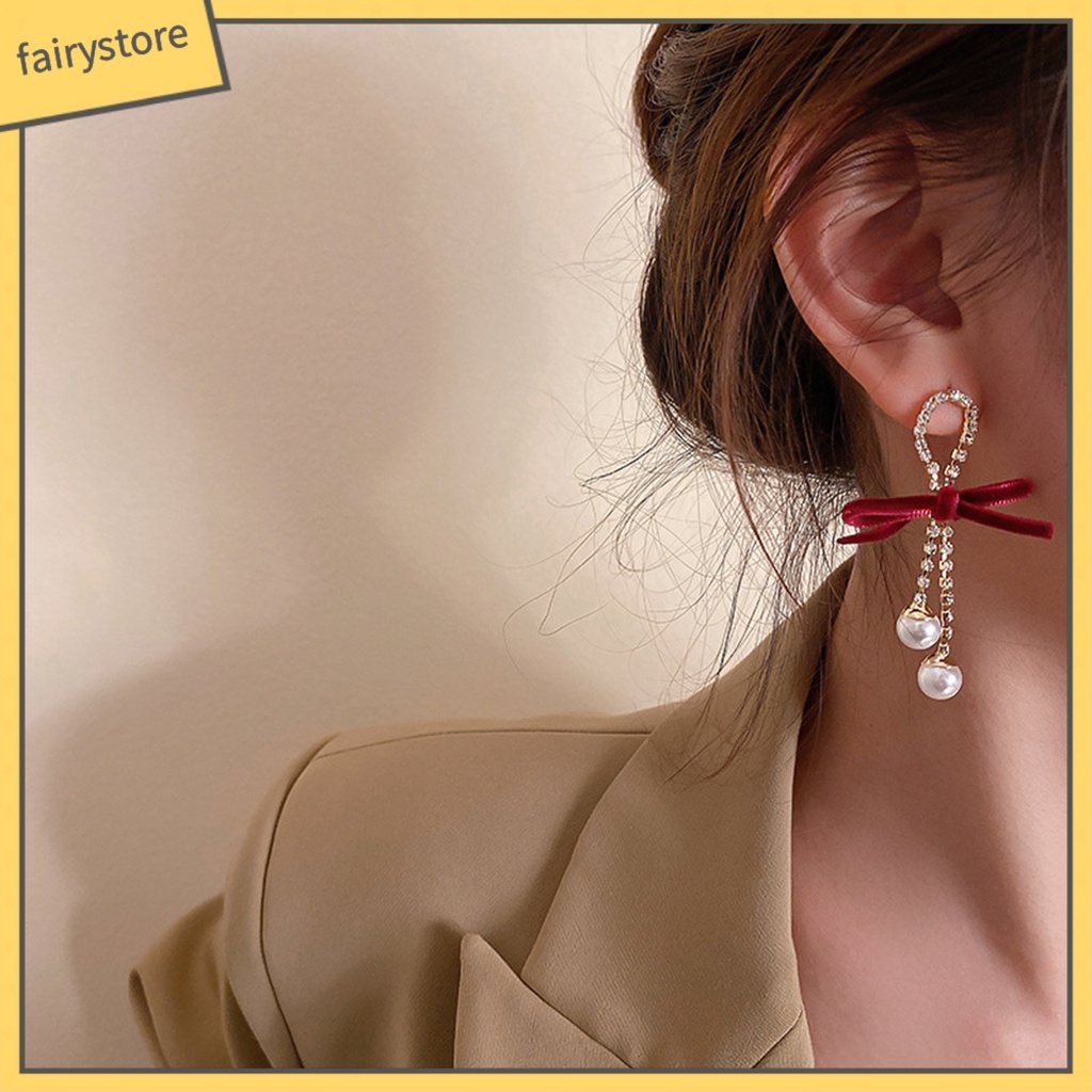 1 Đôi Bông Tai Đính Nơ Và Ngọc Trai Giả Thời Trang