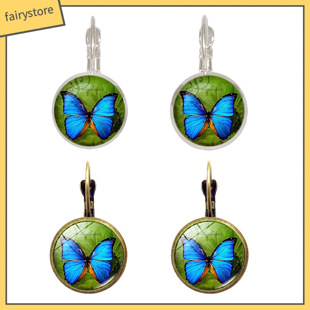 Bông Tai Tròn Mặt Kính Cabochon Hình Bướm Cổ Điển Cho Nữ