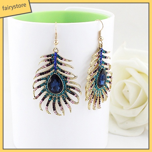 1 Cặp Bông Tai Hình Lông Công Đính Đá Phong Cách Retro Dành Cho Nữ