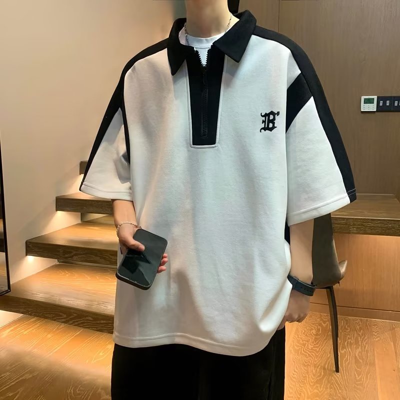 Áo Thun polo Ngắn Tay Form Rộng Màu Sắc Tương Phản Phong Cách Mỹ Thời Trang Mùa Hè Cho Nam