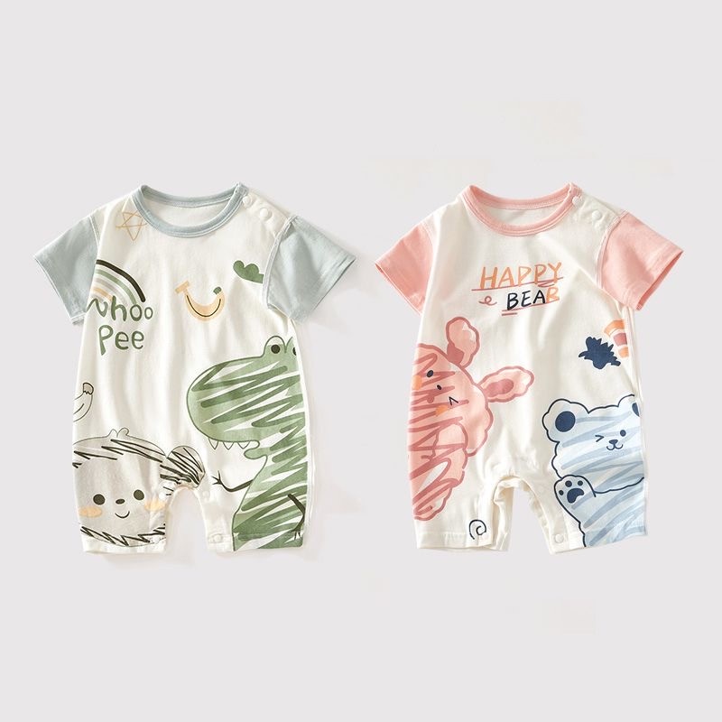Bộ Áo Liền Quần Bằng Cotton Tay Ngắn In Họa Tiết Doodle Dễ Thương Thời Trang Cho Bé Sơ Sinh 0-3 Tuổi
