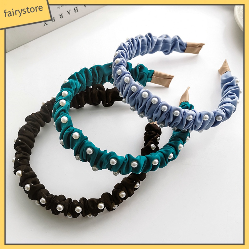 Băng Đô Bản Rộng Đính Ngọc Trai Nhân Tạo Chống Trượt Cho Nữ