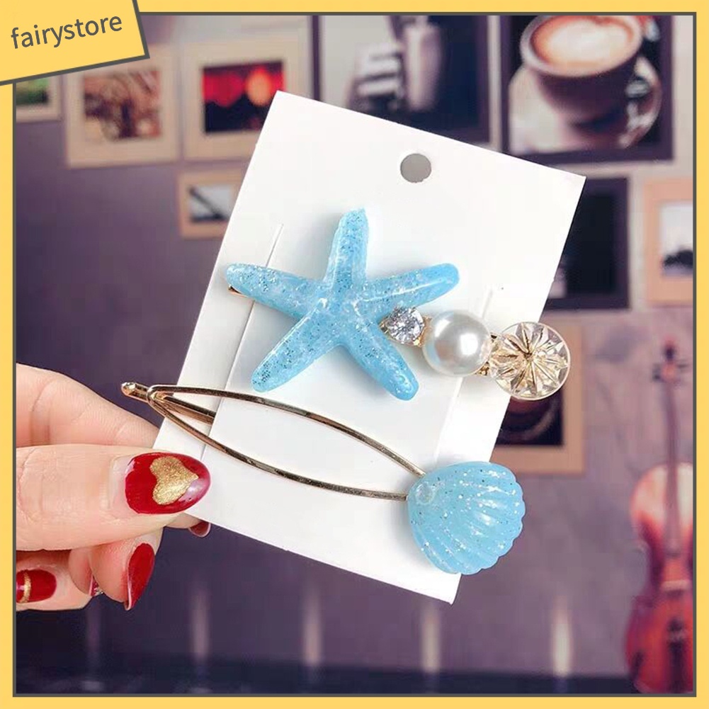 Set 2 Kẹp Tóc Hình Vỏ Sò / Sao Biển Đính Ngọc Trai Giả Thời Trang