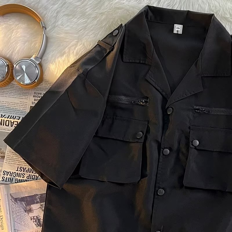 Áo Sơ Mi Ngắn Tay Dáng Rộng Nhiều Túi Phong Cách Đường Phố Nhật Bản Cá Tính Dành Cho Nam