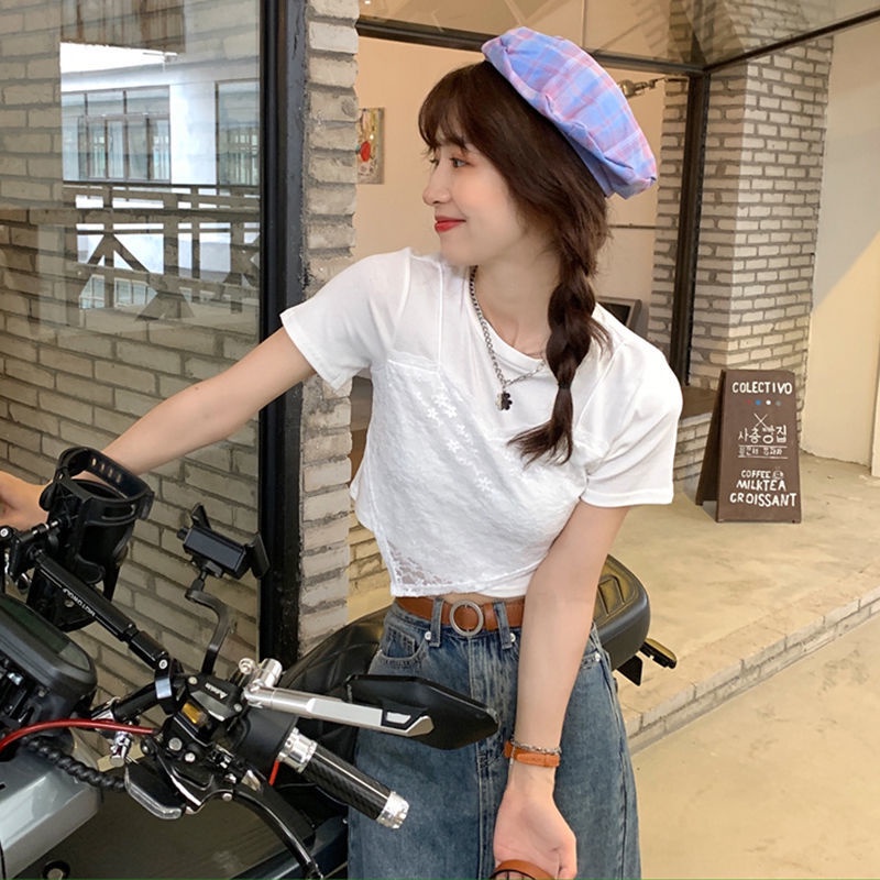 Áo Thun Tay Ngắn Giả Hai Lớp Thời Trang Mùa Hè 2023 Mới Cho Nữ