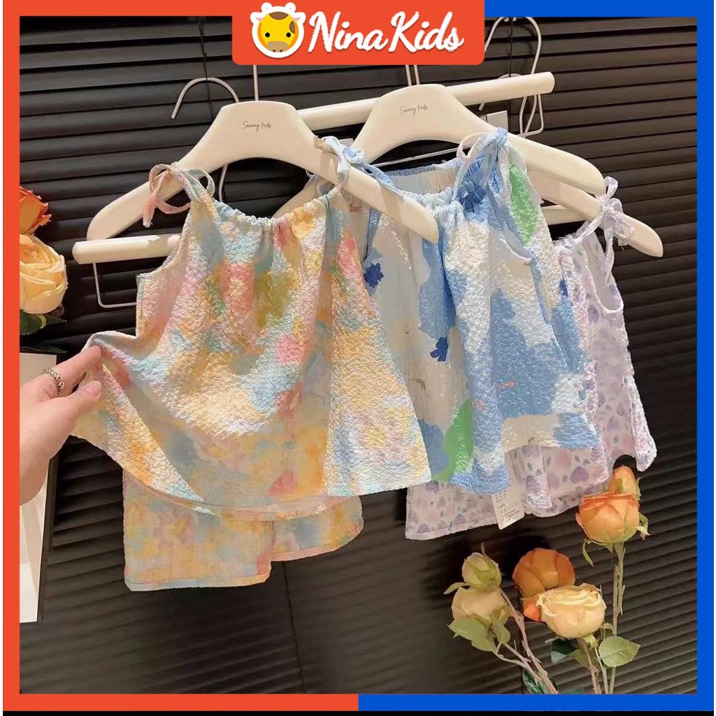 Bộ Áo Hai Dây Phối Quần Short Thời Trang Mùa Hè Hàn Quốc Cho Bé Gái 1-9 Tuổi