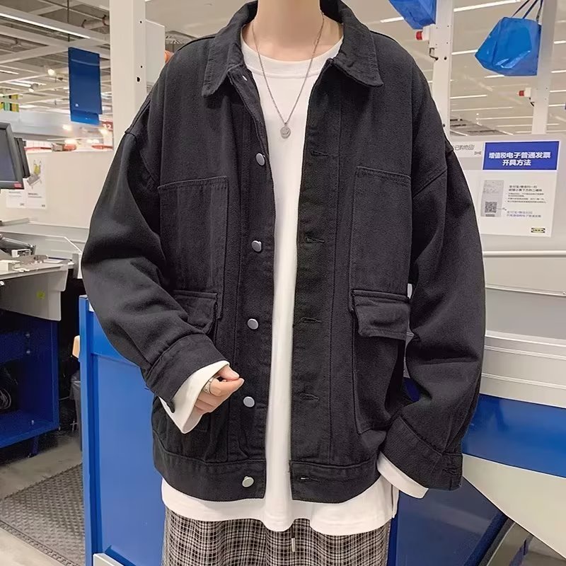 Áo Khoác Denim Màu Đen Dáng Rộng Phong Cách Retro Nhật Hàn Thời Trang Xuân Thu Cho Nam Giới