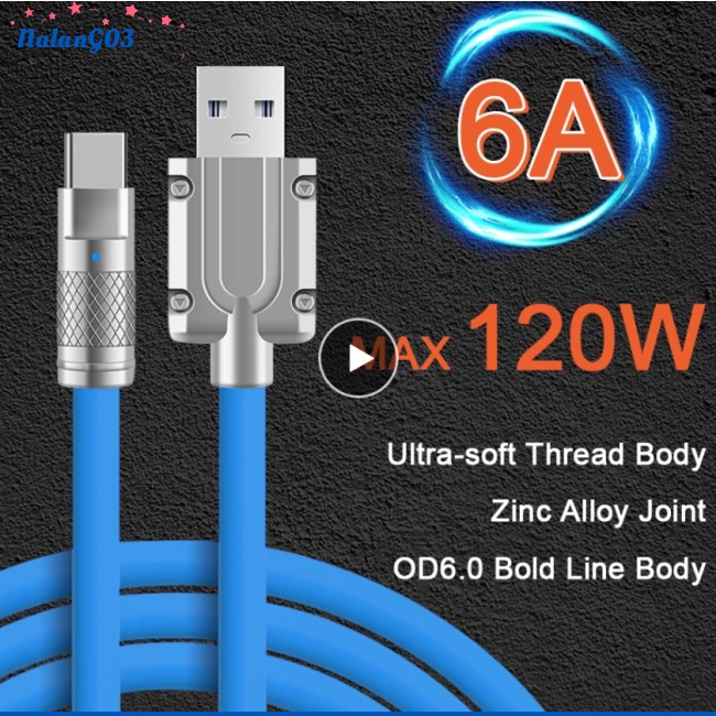 Dây Cáp Sạc Usb Type C 120w 6a Có Đèn Led Báo Hiệu Tương Thích Cho Xiaomi Huawei Samsung
