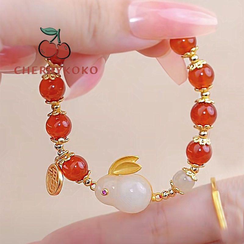 🍒🍒CHERRYKOKO Vòng Tay Xâu Hạt Đỏ May Mắn Hình Thỏ May Mắn Phong Cách Trung Hoa Dành Cho Nữ