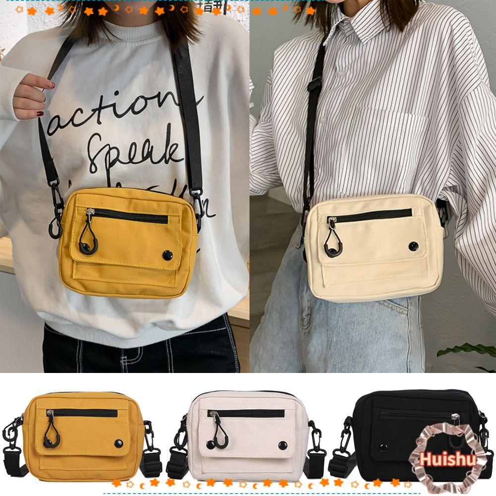 Túi Canvas Đeo Vai Đựng Điện Thoại Màu Trơn Có Khóa Kéo Đa Năng