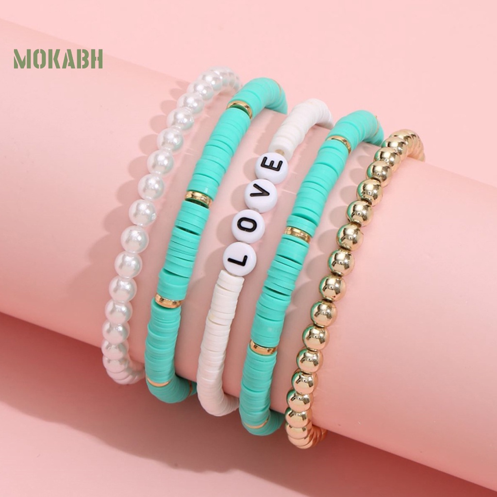 5 Vòng Tay Hạt Đất Sét Polymer Nhiều Màu Sắc Họa Tiết Chữ Love Phong Cách Bohemian
