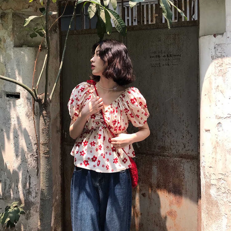 Cozok Áo Sơ Mi Tay Phồng Ngắn In Họa Tiết Hoa Thanh Lịch Hợp Thời Trang