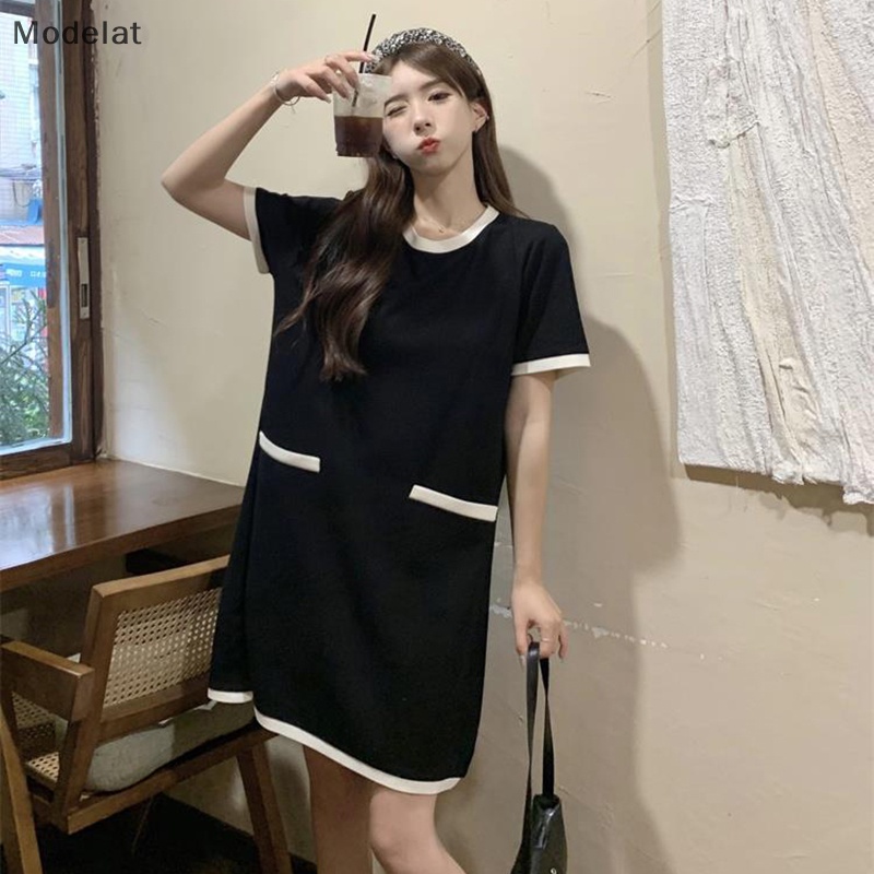 Mfc Đầm Tay Ngắn Dáng Rộng Phối Túi Màu Sắc Tương Phản Đơn Giản Cho Nữ