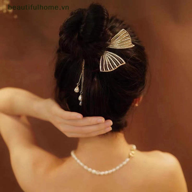 Kẹp Tóc Càng Cua Đính Đá Ngọc Trai / Nơ Tua Rua Xinh Xắn Cho Nữ