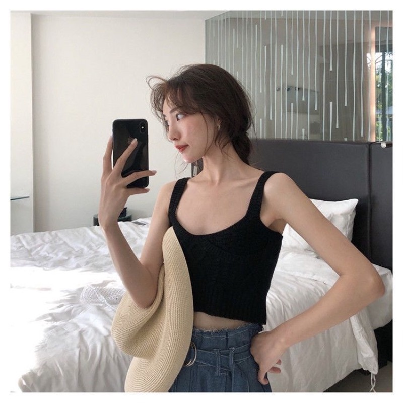 Áo Hai Dây Dệt Kim Dáng Ngắn Phong Cách Hàn Quốc Thời Trang Mùa Hè Cho Nữ