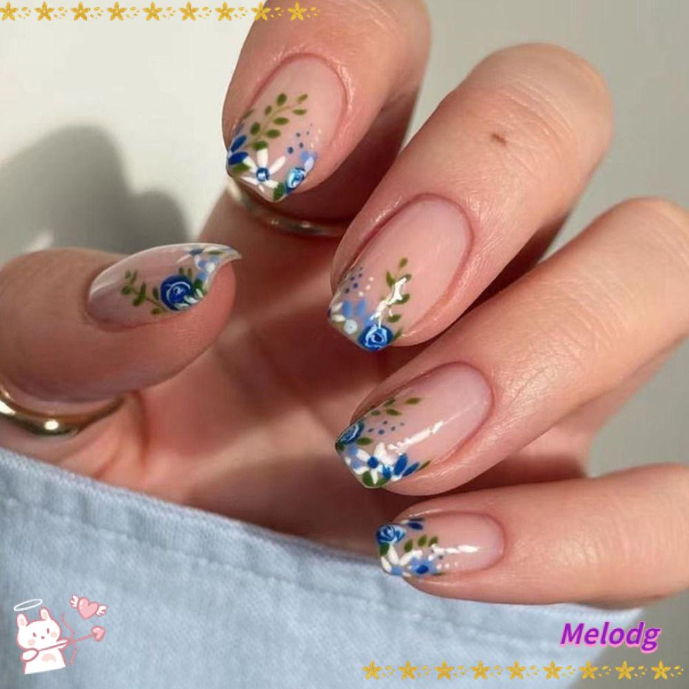 Bộ 24 Móng Tay Giả Màu Xanh Dương / Hồng Kiểu Pháp Độc Đáo DIY