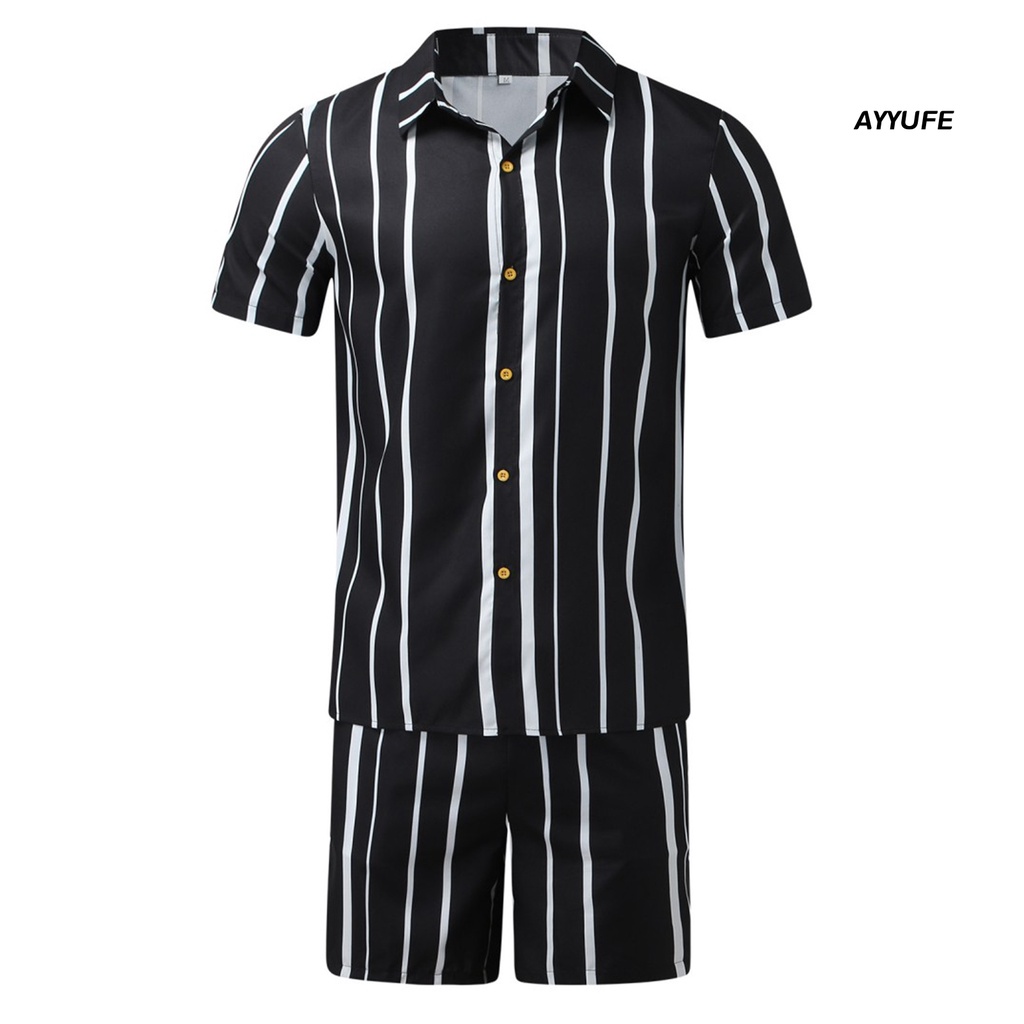 Bộ 2 Món Áo Sơ Mi Tay Ngắn + Quần Short Dây Rút Có Túi In Họa Tiết Kẻ Sọc Dọc Phong Cách Đường Phố Cho Nam