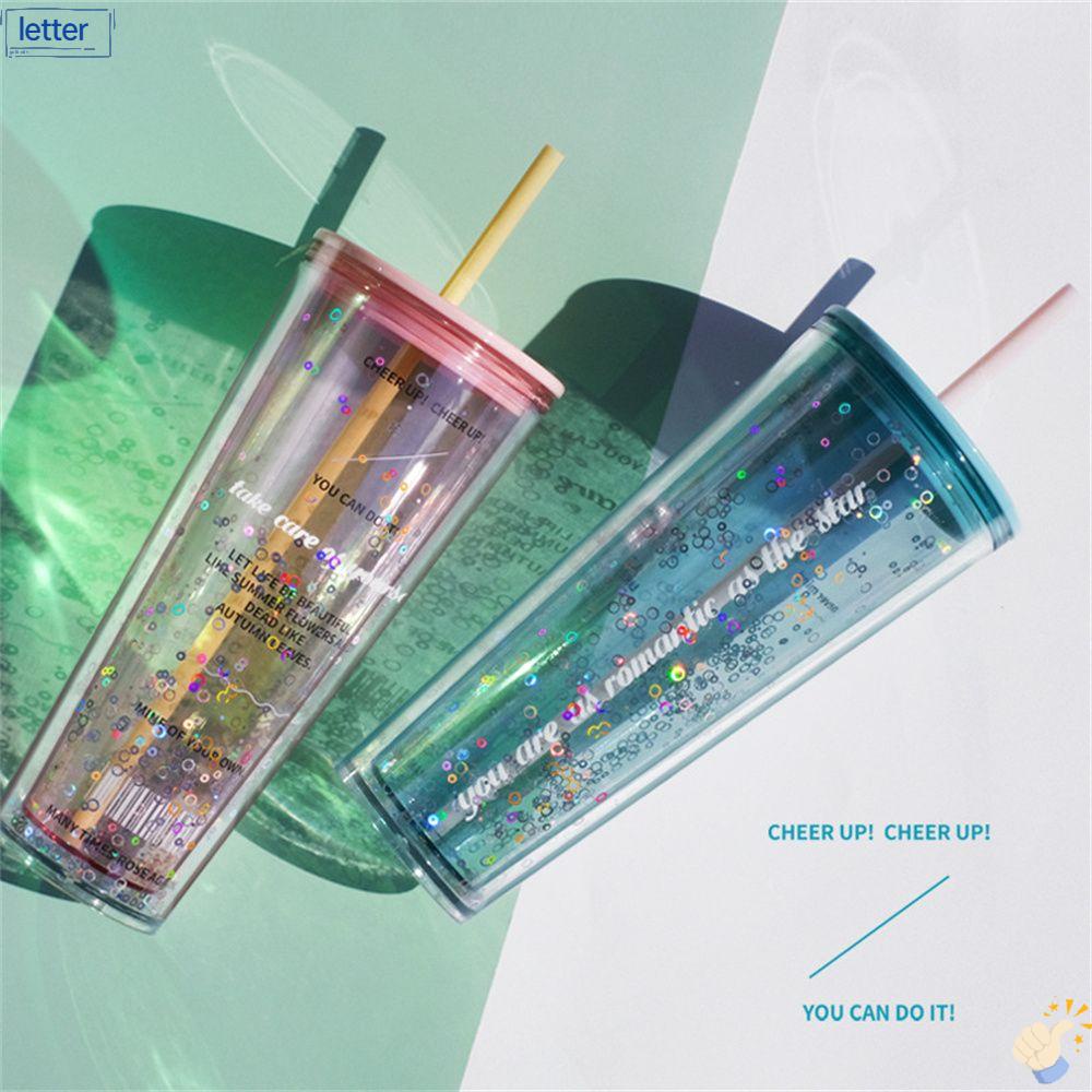 Bình Nước Kim Tuyến 800ml Hai Lớp Kèm Ống Hút Tiện Dụng