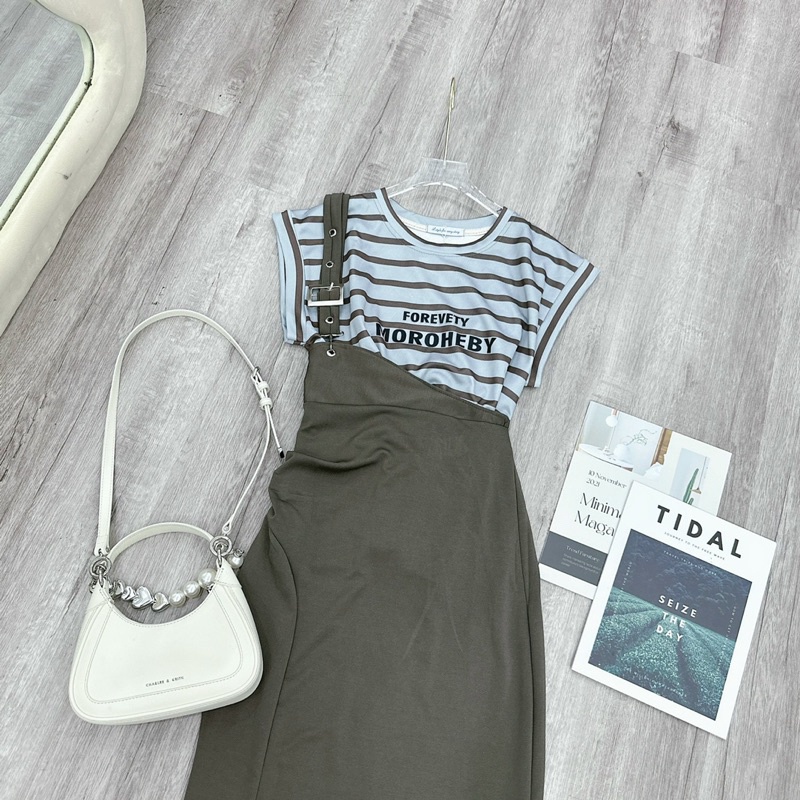 SET ÁO KẺ CHỮ CHÂN VÁY XANH RÊU DÂY ĐAI lương su shop