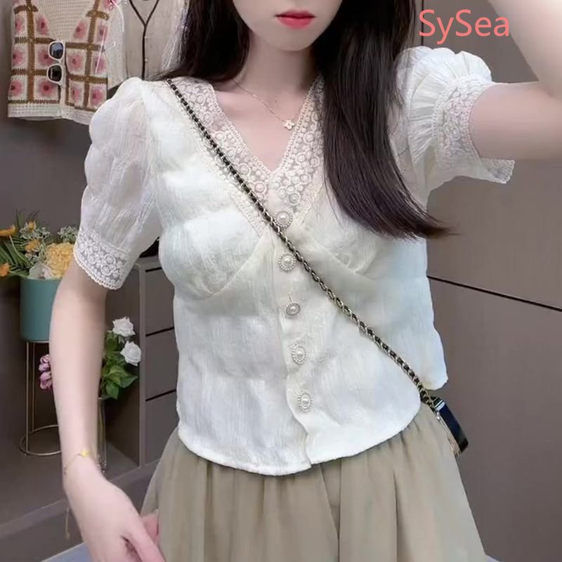 Áo Kiểu Tay Phồng Cổ Chữ V Phối Ren Phong Cách Retro Pháp