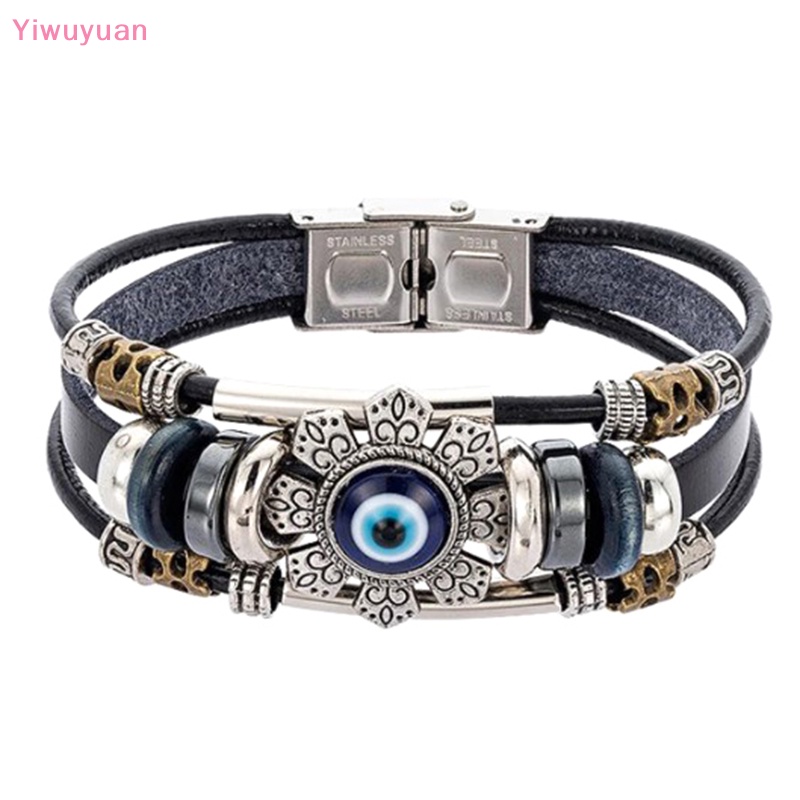 Vòng Tay Da Nhiều Lớp Gắn Hạt Hình Mắt Quỷ May Mắn Cho Nam Nữ