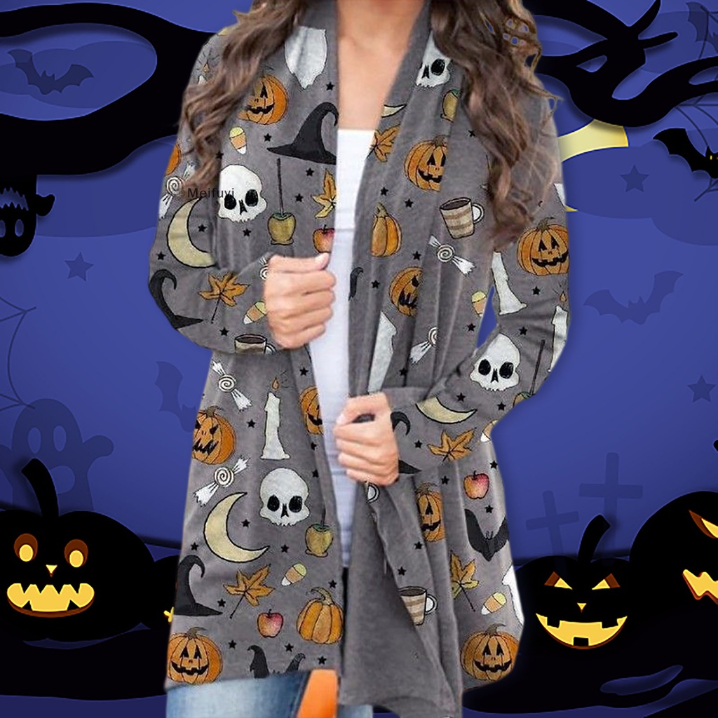[Meifuyi] Áo Khoác Cardigan Dệt Kim Tay Dài Hình Mèo Bí Ngô Halloween Cho Nữ